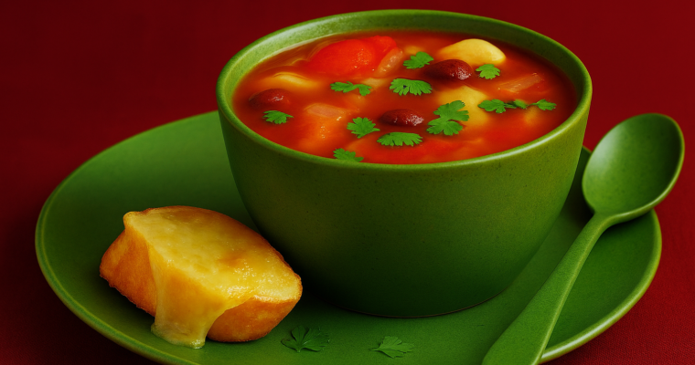 Chilli Kidney Bean Soup with Cheesy Garlic Bread