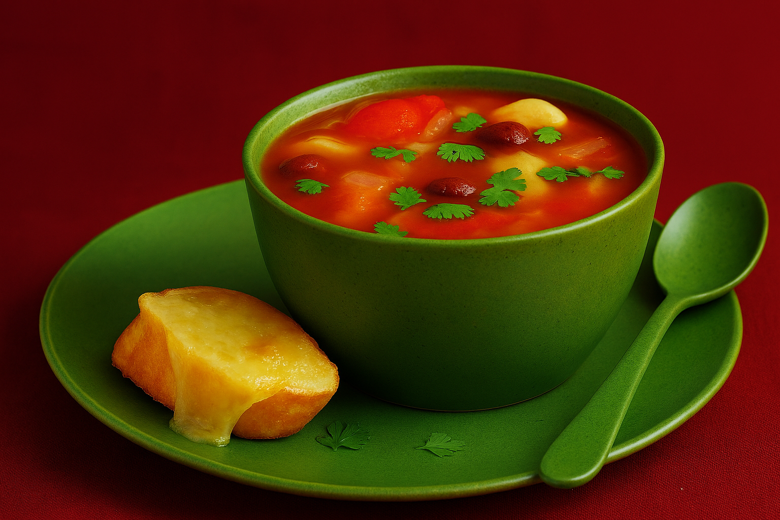 Chilli Kidney Bean Soup with Cheesy Garlic Bread